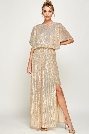 Metallic Gold Sequins Long Dress
