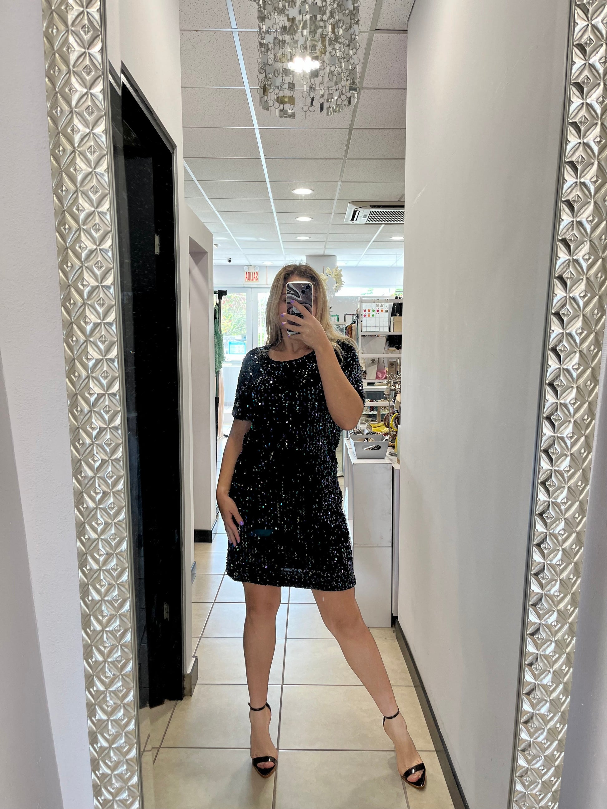 Furry Black Sequined Dress Short Dresses Gracia M 