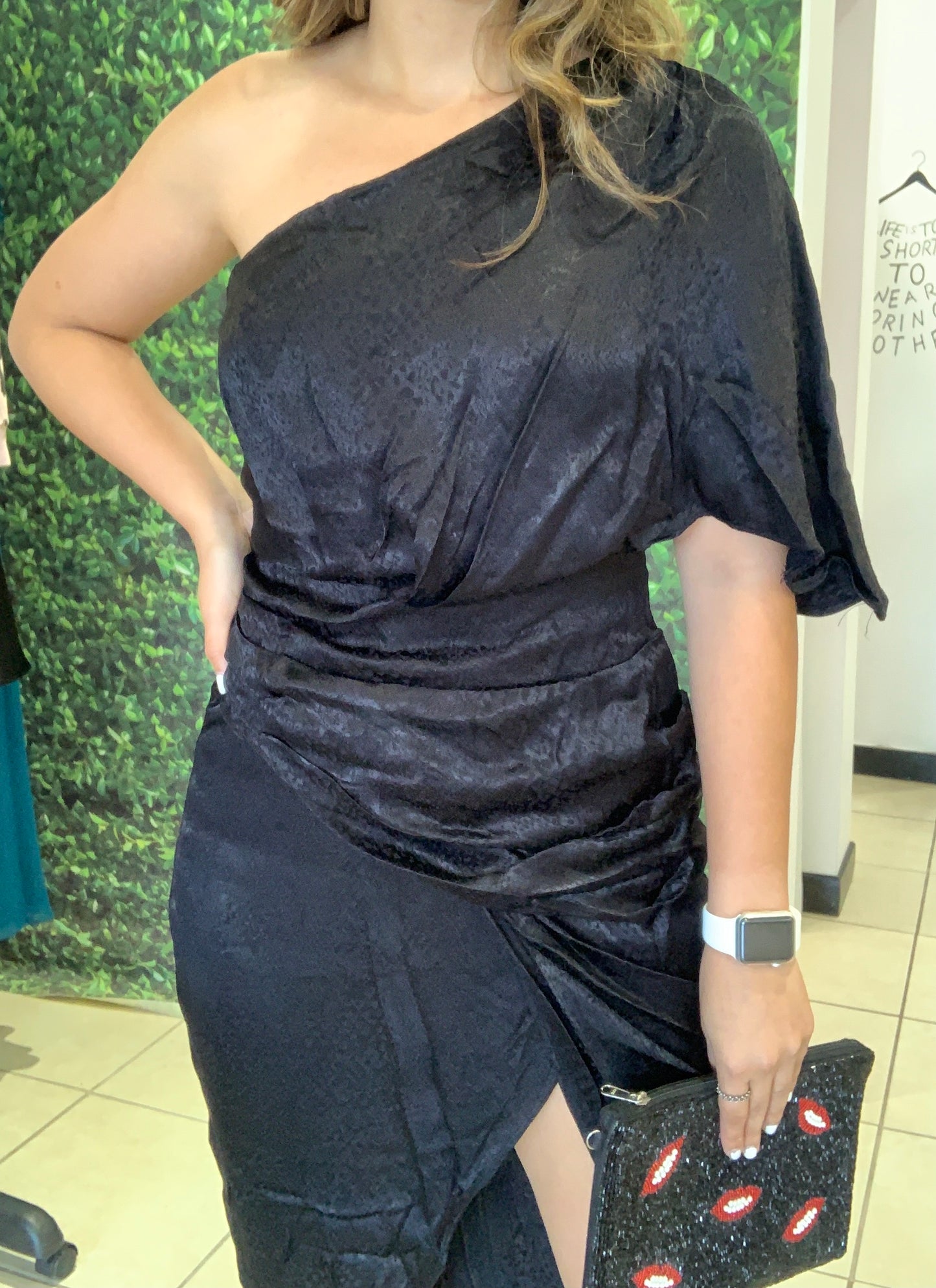 Bea One Shoulder Black Midi Dress
